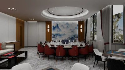 郧西福瑞酒店新中式VIP包间全景效果图，山水画背景墙与暖色灯光营造高级氛围 - 九川规划设计 - 单兆虎